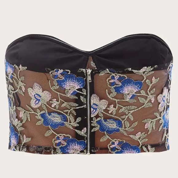 Y2K Plus Black Blue Mesh Embroidered Corset Bustier Crop Cami Top NEW - Picture 3 of 6